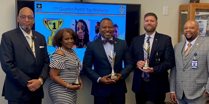 Pictured from l-r: Project Lead, JR Rivers, 1st Quarter PaYS Top Marketers: Crancena Ross, Samuel Armstrong, and Davin Bentley, & PaYS Program Manager, Antonio Johnson 
