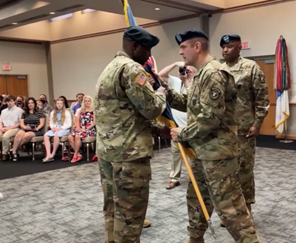 COL Benjamin R. Luper (r) relinquished command of 6th Recruiting Brigade to COL Michael L. Lindley (l); CSM Cedric White (center) receiving color back from the incoming Brigade Commander