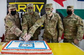 ARNG Soldiers cut a birthday cake on Camp Arifjan, Kuwait