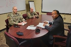 PaYS Marketing Analyst Samuel Armstrong conducting PaYS Overview with MAJ Robert Burke, Vermont Army National Guard (VTARNG) Recruiting & Retention Battalion and CSM Patrick Creamer.