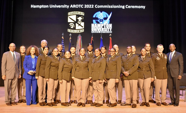 Hampton University AROTC Cadets and Staff pose for photo with GEN Funk - far right