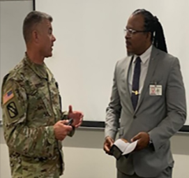 1SG Jason Riley, MIARNG RRB and PaYS Marketing Analyst Samuel Armstrong discuss PaYS and connecting Soldiers with partners while at the RSP.         