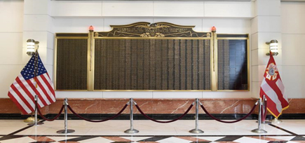 Memorial wall at FDNY Headquarters at Metrotech Plaza with the names of those firefighters who died in the line of duty including those killed on 9/11 