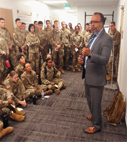 Mr. Armstrong briefing Georgia Tech Army ROTC Cadets on how PaYS benefits them