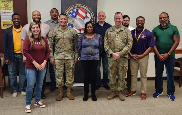(l-r) Back row: Calvin Liggons, Antonio Johnson, Curtis Taylor, Matthew Green, Travis Carter - Front row: Aimee Halpin, BG Harrison, Cheri McCullough, CSM Henry, Thomas Parker, Sam Armstrong (l-r) Back row: Calvin Liggons, Antonio Johnson, Curtis Taylor, Matthew Green, Travis Carter
(l-r) Front row: Aimee Halpin, BG Harrison, Cheri McCullough, CSM Henry, Thomas Parker, Sam Armstrong