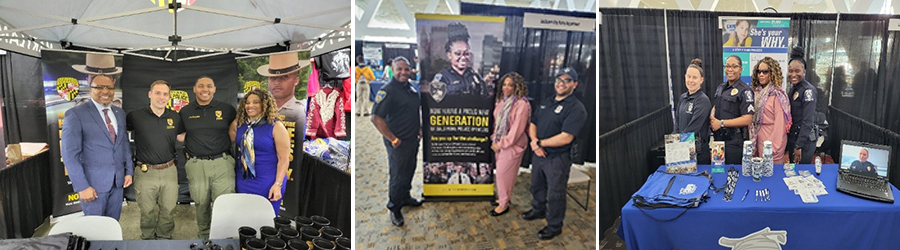 left -(l-r) Mr. Armstrong, Army PaYS Partner Maryland State Highway Patrol Recruitment and Selection Unit, CPL Brook Schafer and CPL Tyron Flowers-Jackson, and Ms. Ross after discussing opportunities for Soldiers selecting law enforcement as one of the guaranteed job interviews.---

center -Crancena Ross with PaYS partner Baltimore Police Department.---

right -Ms. Ross reviewing PaYS with current partner, Charlotte Mecklenburg Police Department