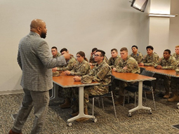 Mr. Johnson briefing AIT Soldiers on Army PaYS Program benefits.