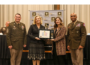 (l-r) CSM Peterson, Hon. Wormuth, Becky Stavin, HR Director, ABT Electronics, and LTC Doolan proudly presents the PaYS Ceremonial Plaque.