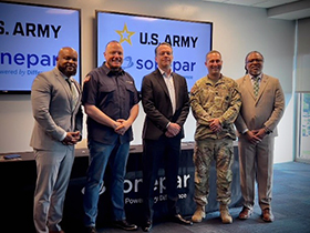 (l-r) Trahmaine Fleming, Marketing Analyst, PaYS, Chris Miles, Military & Veterans Relations Manager, Sonepar, USA, Rob Taylor, President, Sonepar, USA, LTC Brian Meister, Commander, Columbia Recruiting BN, and Samuel Armstrong, Marketing Analyst, PaYS 
