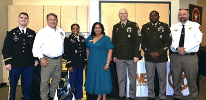 (l-r) 1LT Ryan Lingo, Frederick Recruiting Company, Mark Butler, Sheriff, Warren County Sheriff’s Office, LTC Felichia Brooks, Commander, Baltimore Recruiting Battalion, Ms. Mary Jane Jernigan, Civilian Aide Secretary of the Army (CASA), CSM James Brandt, Sergeant Major, Baltimore Recruiting Battalion, SSG Timothy Stowe, Frederick Recruiting Company, and SGT Terry Fritts, Warren County Sheriff’s Office.