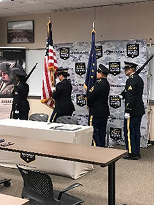 The Alaska Army National Guard Honor Guard, presents and posts the Colors for the ceremony. The Alaska Army National Guard Honor Guard, presents and posts the Colors for the ceremony.