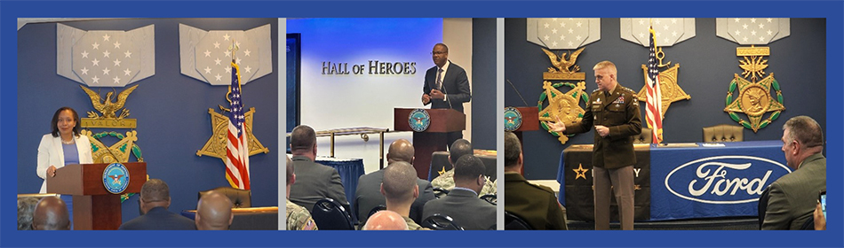 Ms. Yvette Bourcicot (left) and LTG Stitt (right) during their remarks to the attendees at the ceremony. Mr. Smith (center) gives remarks on behalf of Ford.