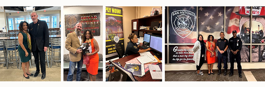 From Left to Right - Ms. Ross and CASA Joseph Bray; Ms. Ross and Mr. Keith Williams; PIX training with Senior Officer Rjasko; Ms. Ross at the San Antonio Fire Department