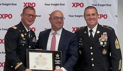 (l-r) LTC Jason Corner, Commander, Michigan Army National Guard RRB, Mario Harik, CEO, XPO and SGM David Lewis, CSM, Michigan Army National Guard RRB (l-r) LTC Jason Corner, Commander, Michigan Army National Guard RRB, Mario Harik, CEO, XPO and SGM David Lewis, CSM, Michigan Army National Guard RRB
