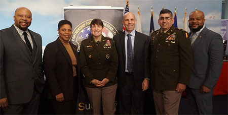 (l-r) Antonio Johnson, PaYS Program Manager, Angela Odom, CASA, LTG Gervais, Mike Spanos, COL Cantu, Director, Accessions Directorate G3/5/7, TRADOC, and Victor Fleming, PaYS Marketing Analyst