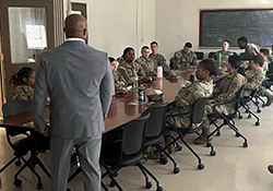 Victor Fleming briefs Soldiers of the 926th Engineer Battalion on Army PaYS and post-service career opportunities. 