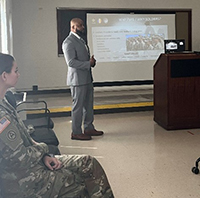 Victor Fleming briefs Soldiers of the 926th Engineer Battalion on Army PaYS and post-service career opportunities. 